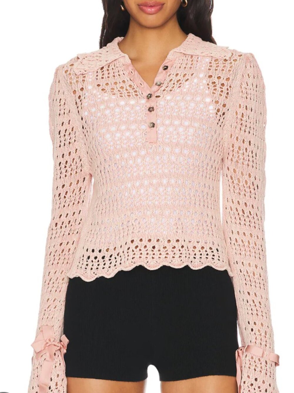 Free People Pointelle Pullover Sweater In Mauve‎ Rose L Crochet Cottage Ribbon
